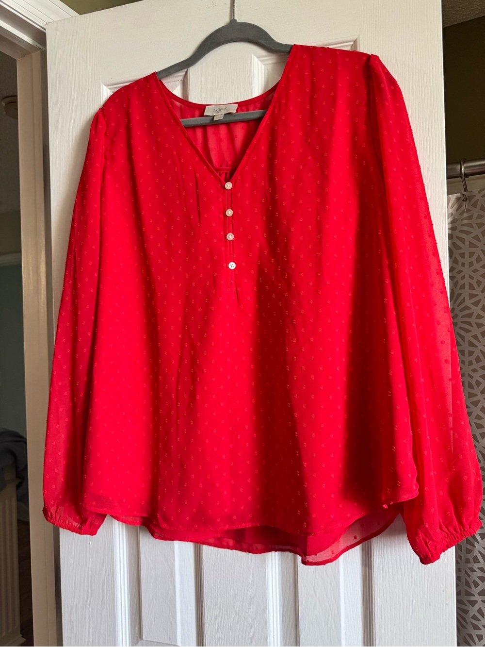 LOFT Red V-Neck Dot-Texture Henley Blouse